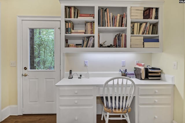 832 Longtown Rd, Blythewood, SC 29016 - home office featuring built in study area and dark wood-style floors