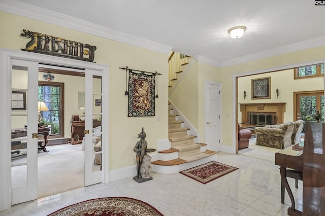 832 Longtown Rd, Blythewood, SC 29016 - entryway with stairs, marble finish flooring, french doors, crown molding, and baseboards