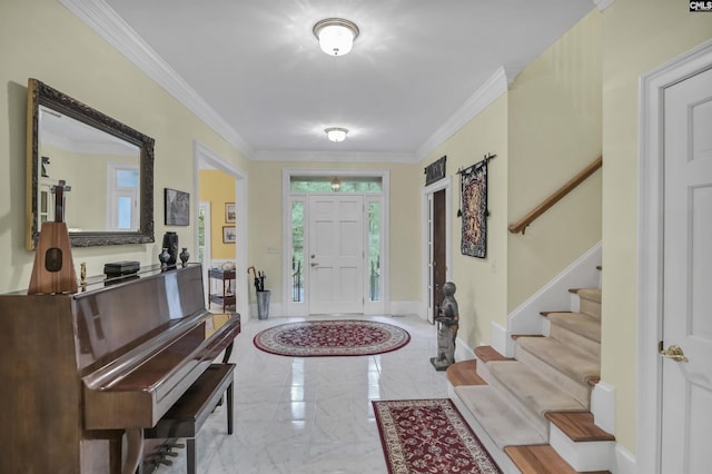 832 Longtown Rd, Blythewood, SC 29016 - foyer entrance featuring marble tiled flooring, stairway, ornamental molding, and baseboards