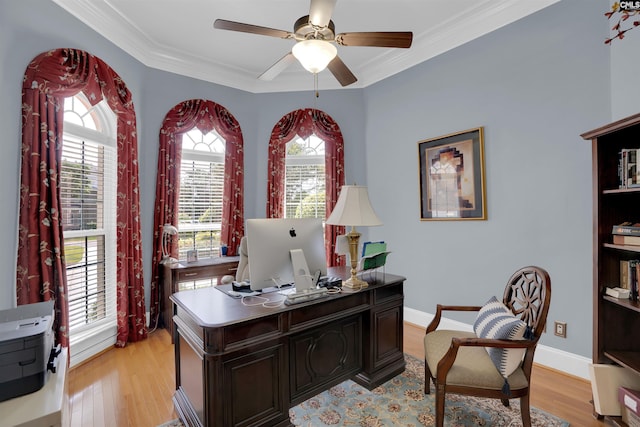 317 Cartgate Cir, Blythewood, SC 29016 - office with light wood-style flooring, a ceiling fan, crown molding, and baseboards