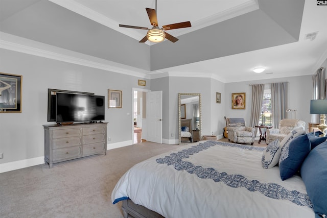 317 Cartgate Cir, Blythewood, SC 29016 - bedroom featuring ornamental molding, carpet flooring, baseboards, a ceiling fan, and a tray ceiling