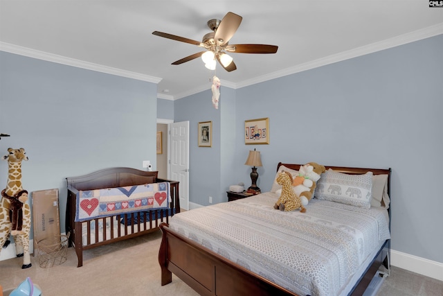 317 Cartgate Cir, Blythewood, SC 29016 - bedroom with light colored carpet, ornamental molding, a ceiling fan, and baseboards