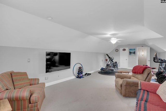 317 Cartgate Cir, Blythewood, SC 29016 - carpeted living room with vaulted ceiling, baseboards, and a ceiling fan