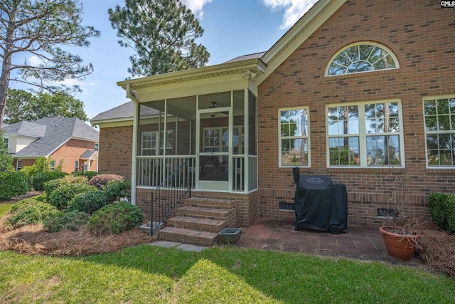 317 Cartgate Cir, Blythewood, SC 29016 - doorway to property featuring brick siding, crawl space, and a patio area