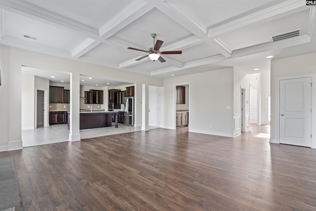 1412 Hammerwood Ln, Westminster, SC 29170 - unfurnished living room with coffered ceiling, wood finished floors, a ceiling fan, baseboards, and beamed ceiling