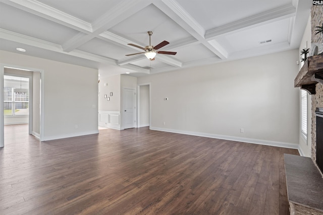 1412 Hammerwood Ln, Westminster, SC 29170 - unfurnished living room featuring a fireplace, a ceiling fan, coffered ceiling, dark wood-type flooring, and beam ceiling
