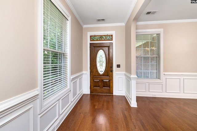 560 Park Place Dr, Elgin, SC 29045 - entryway with plenty of natural light, crown molding, dark wood-style floors, wainscoting, and a decorative wall