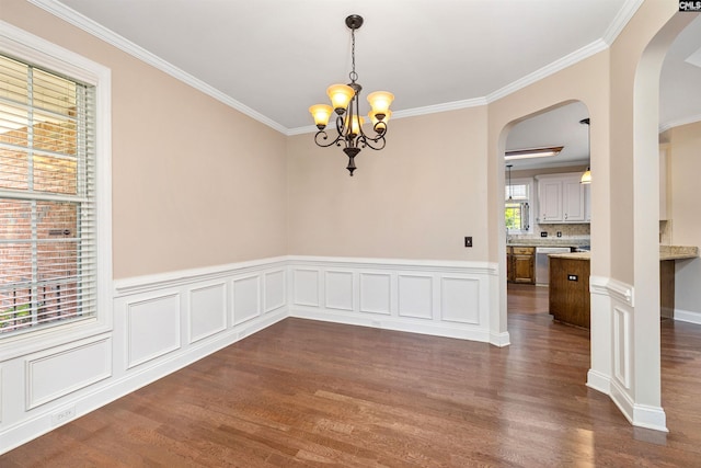 560 Park Place Dr, Elgin, SC 29045 - unfurnished dining area featuring dark wood-type flooring, ornamental molding, arched walkways, a chandelier, and wainscoting