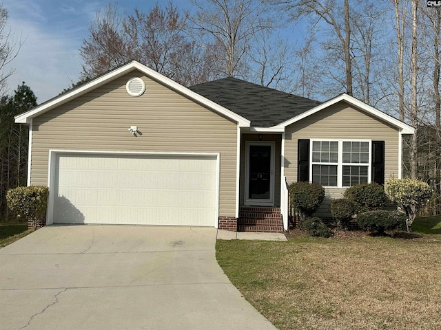 70 Glen Ord Ct, Blythewood, SC 29016 - ranch-style home with an attached garage, concrete driveway, a front lawn, and roof with shingles