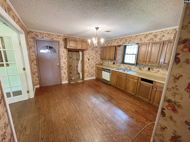 325 Beltline Ave, Batesburg, SC 29006 - kitchen with wallpapered walls, dishwasher, a textured ceiling, wood finished floors, and a sink