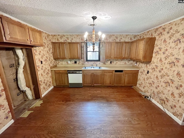 325 Beltline Ave, Batesburg, SC 29006 - kitchen with dishwasher, wallpapered walls, a chandelier, dark wood finished floors, and a sink