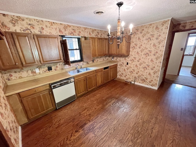 325 Beltline Ave, Batesburg, SC 29006 - kitchen featuring white dishwasher, wallpapered walls, a chandelier, dark wood finished floors, and a textured ceiling