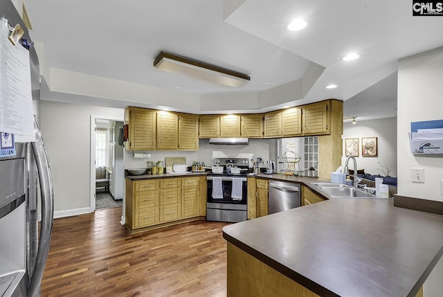 1305 Forest View Rd, Conway, SC 29526 - kitchen featuring appliances with stainless steel finishes, a sink, a peninsula, dark countertops, and dark wood-style flooring