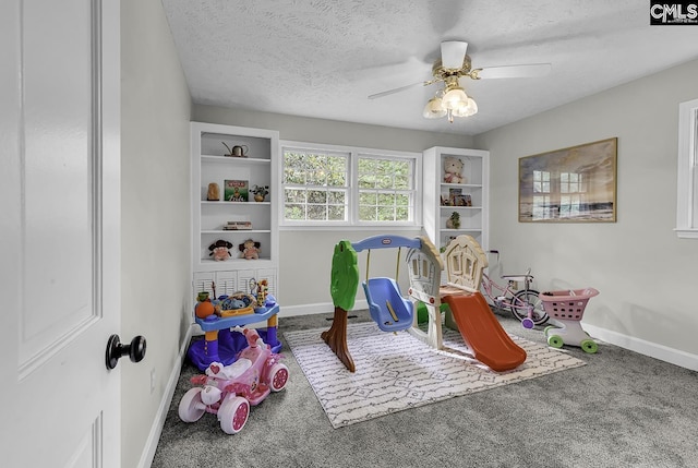 1305 Forest View Rd, Conway, SC 29526 - rec room with carpet flooring, baseboards, a textured ceiling, and ceiling fan