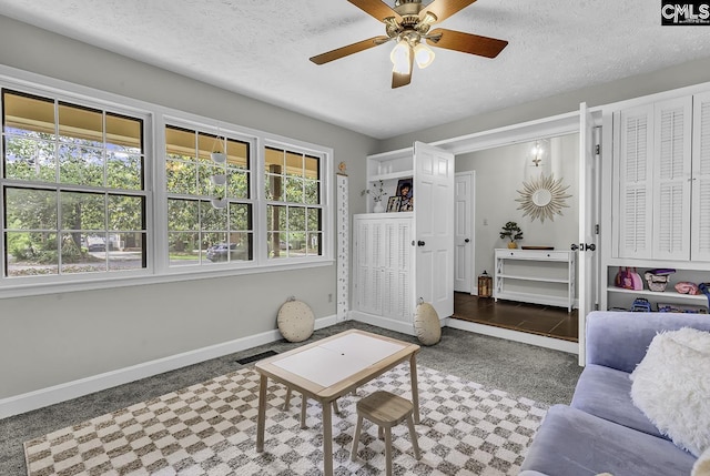 1305 Forest View Rd, Conway, SC 29526 - living area featuring baseboards, a ceiling fan, a textured ceiling, and carpet flooring