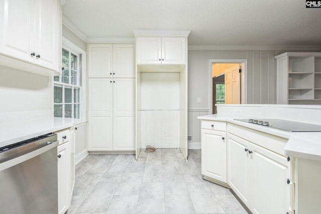 6307 Whiteoak Rd, Columbia, SC 29206 - kitchen with dishwasher, crown molding, light countertops, plenty of natural light, and white cabinets