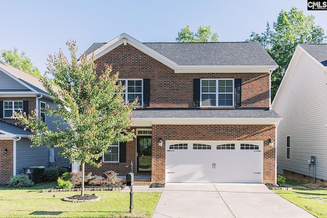 179 Marissa Ln, Lexington, SC 29072 - view of front of house featuring brick siding, driveway, a front lawn, a shingled roof, and a garage