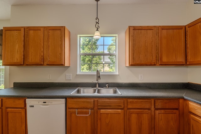 105 Songbird Ct, Chapin, SC 29036 - kitchen featuring dishwasher, a sink, dark countertops, and hanging light fixtures