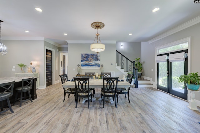 1111 High Valley Trl, Blythewood, SC 29016 - dining room with stairway, light wood-style flooring, crown molding, recessed lighting, and baseboards