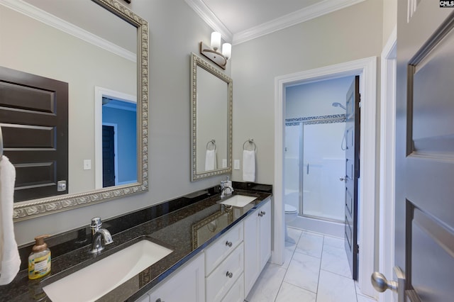 1111 High Valley Trl, Blythewood, SC 29016 - bathroom with crown molding, toilet, a stall shower, double vanity, and marble finish floors