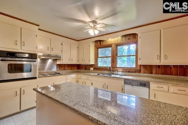 127 Lake Elizabeth Dr, Columbia, SC 29203 - kitchen featuring appliances with stainless steel finishes, a sink, a ceiling fan, white cabinetry, and light stone counters