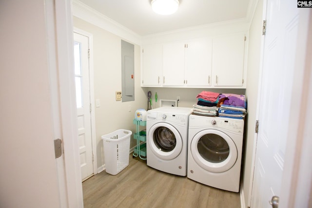 100 Hill Springs Ct, Lexington, SC 29073 - washroom with cabinet space, electric panel, light wood-style flooring, independent washer and dryer, and crown molding