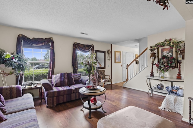 300 Green Rose, Columbia, SC 29229 - living room with a textured ceiling, wood finished floors, and stairs