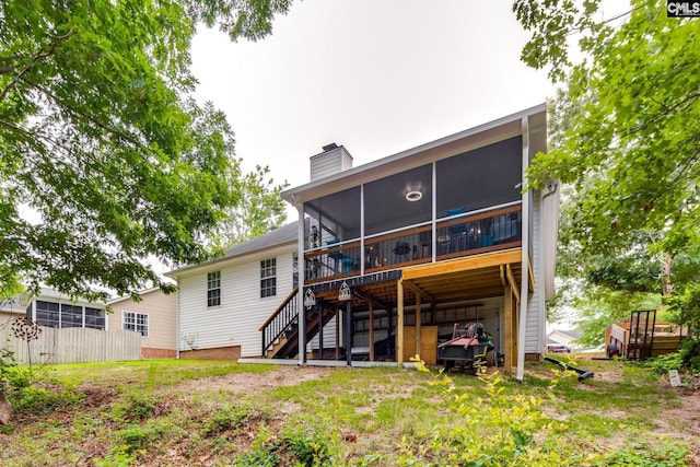 248 N High Duck Trl, Blythewood, SC 29016 - back of house with a sunroom, stairway, a chimney, and a wooden deck