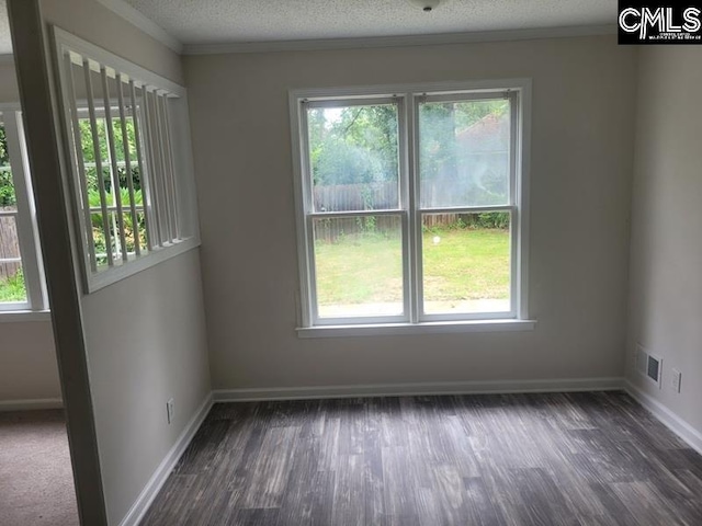 361 Wycombe St, Columbia, SC 29212 - spare room with healthy amount of natural light, baseboards, a textured ceiling, dark wood-style floors, and crown molding