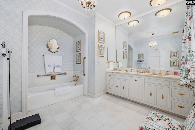 1100 W Carolina Ave, Hartsville, SC 29550 - full bath featuring a chandelier, wallpapered walls, ornamental molding, double vanity, and a bath