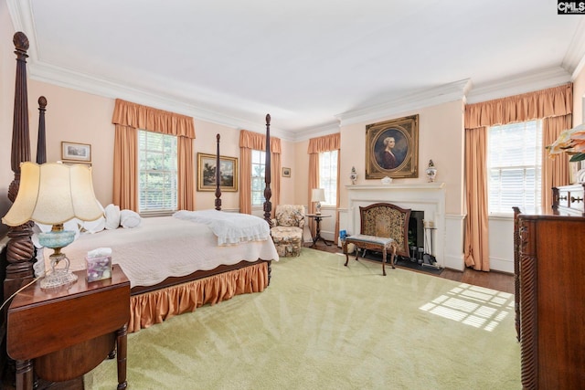 1100 W Carolina Ave, Hartsville, SC 29550 - bedroom with ornamental molding, a fireplace, and carpet flooring