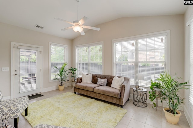 535 New Cut Ln, Blythewood, SC 29016 - living area with ceiling fan, plenty of natural light, light tile patterned floors, and vaulted ceiling