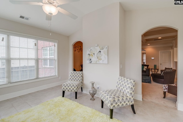 535 New Cut Ln, Blythewood, SC 29016 - living area with arched walkways, light tile patterned flooring, and ceiling fan