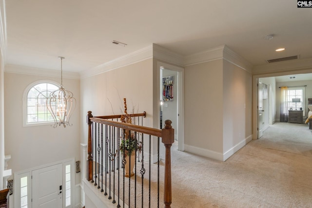 535 New Cut Ln, Blythewood, SC 29016 - hallway featuring an upstairs landing, carpet, ornamental molding, a chandelier, and baseboards
