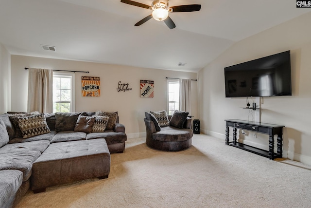 535 New Cut Ln, Blythewood, SC 29016 - living room with a ceiling fan, healthy amount of natural light, carpet, lofted ceiling, and baseboards