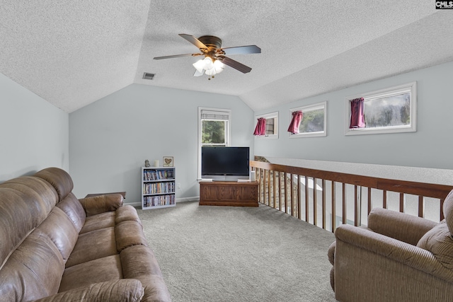 421 Willow Bend Dr, Columbia, SC 29212 - carpeted living room with a ceiling fan, a textured ceiling, lofted ceiling, and baseboards