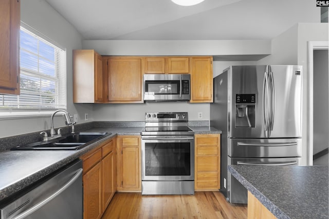 309 Pebble Creek Ct, West Columbia, SC 29170 - kitchen with stainless steel appliances, light wood-style flooring, and dark countertops