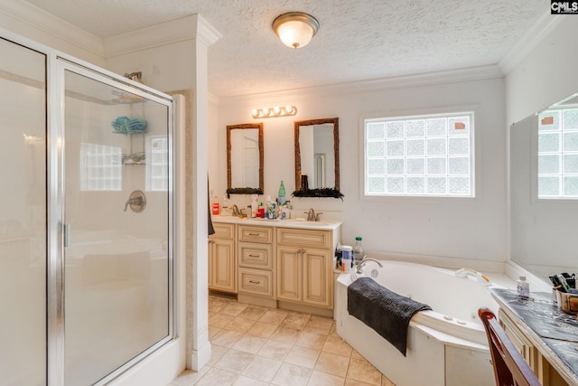 2117 Togetherness Way, Mcbee, SC 29101 - bathroom featuring a shower stall, a garden tub, double vanity, ornamental molding, and tile patterned floors