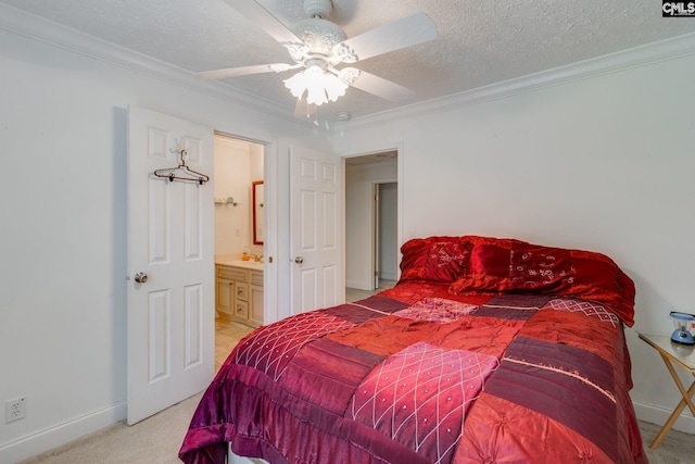 2117 Togetherness Way, Mcbee, SC 29101 - bedroom with light colored carpet, crown molding, connected bathroom, and a ceiling fan
