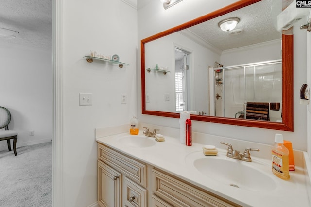 2117 Togetherness Way, Mcbee, SC 29101 - full bath featuring a textured ceiling, double vanity, a shower with door, and crown molding
