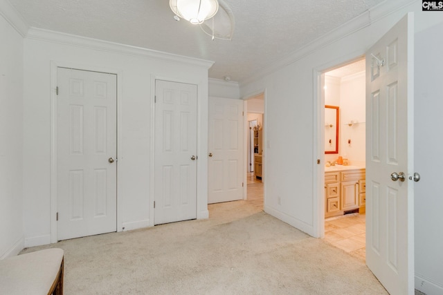 2117 Togetherness Way, Mcbee, SC 29101 - unfurnished bedroom featuring light carpet, crown molding, connected bathroom, and a textured ceiling