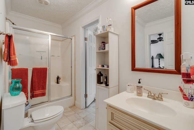 2117 Togetherness Way, Mcbee, SC 29101 - full bathroom with a textured ceiling, vanity, ornamental molding, and combined bath / shower with glass door