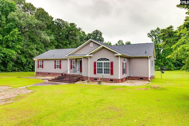 2117 Togetherness Way, Mcbee, SC 29101 - view of front of house featuring crawl space, a front yard, and a shingled roof