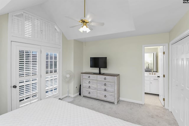 152 Carlyle Cir, Columbia, SC 29206 - bedroom featuring light carpet, access to exterior, lofted ceiling, connected bathroom, and a ceiling fan