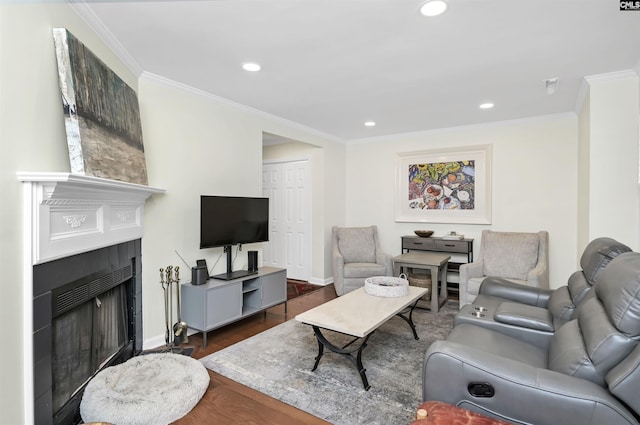 152 Carlyle Cir, Columbia, SC 29206 - living area featuring a fireplace, dark wood-style floors, crown molding, and recessed lighting