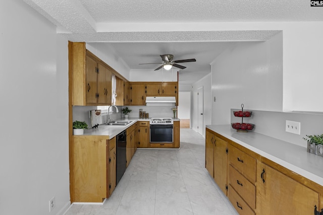 1409 Hazel St, Cayce, SC 29033 - kitchen featuring white range with electric cooktop, dishwasher, under cabinet range hood, light countertops, and a ceiling fan