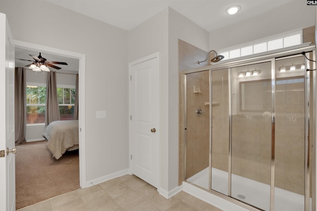 330 Lanyard Ln, Chapin, SC 29036 - full bathroom featuring ensuite bathroom, a shower stall, a ceiling fan, and tile patterned flooring