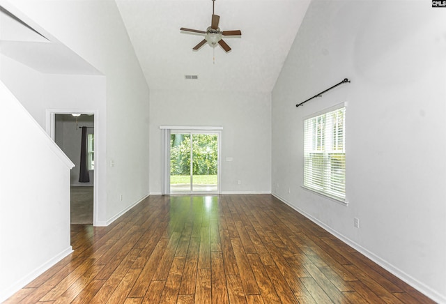 124 Weeping Oak Ln, West Columbia, SC 29169 - empty room with a ceiling fan, healthy amount of natural light, hardwood / wood-style flooring, and high vaulted ceiling