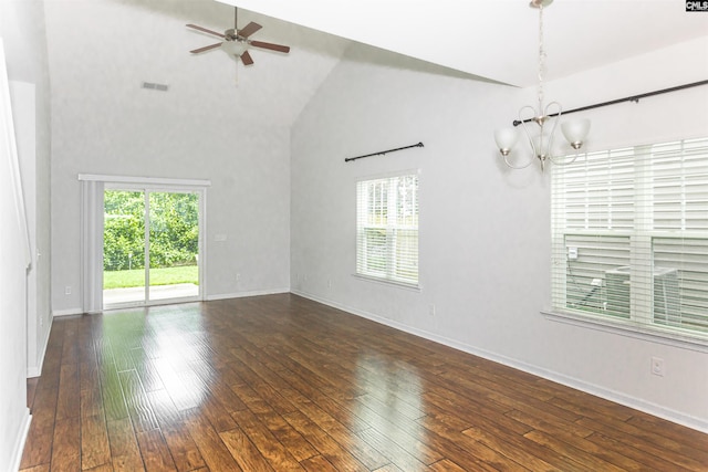 124 Weeping Oak Ln, West Columbia, SC 29169 - spare room featuring plenty of natural light, high vaulted ceiling, a chandelier, a ceiling fan, and wood-type flooring