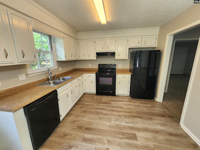 325 Trinity Three Rd, Irmo, SC 29063 - kitchen featuring black appliances, ventilation hood, a textured ceiling, white cabinetry, and light wood-type flooring